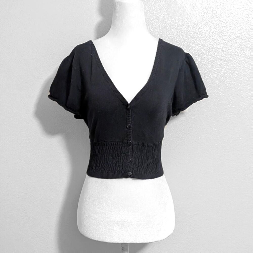 2000s Takeout Black Cropped Button-Up Short Sleeve Cardigan | Size XL